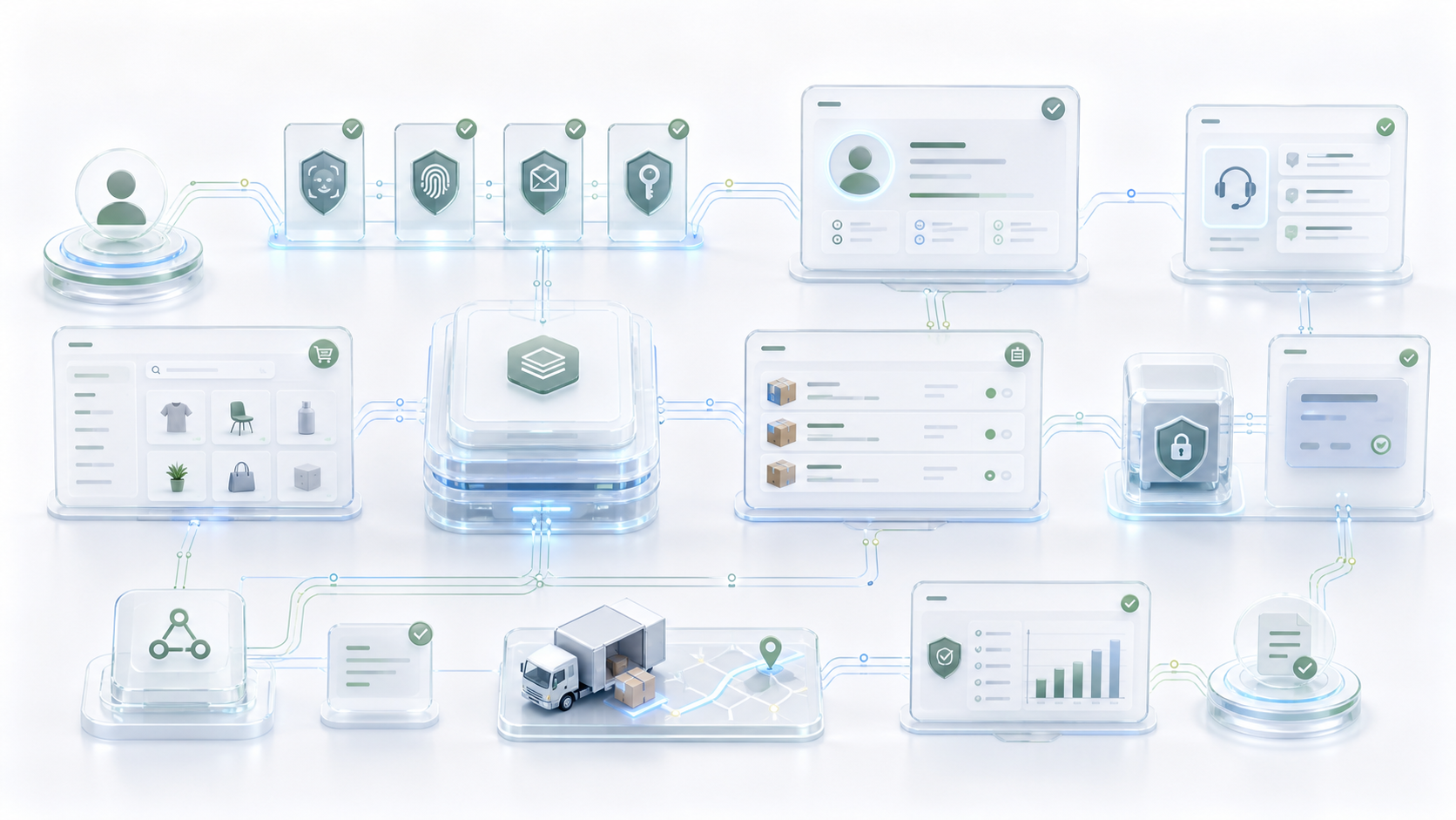 White 3D commerce authority circuit connecting identity, support, catalog, order, payment, delivery, and audit