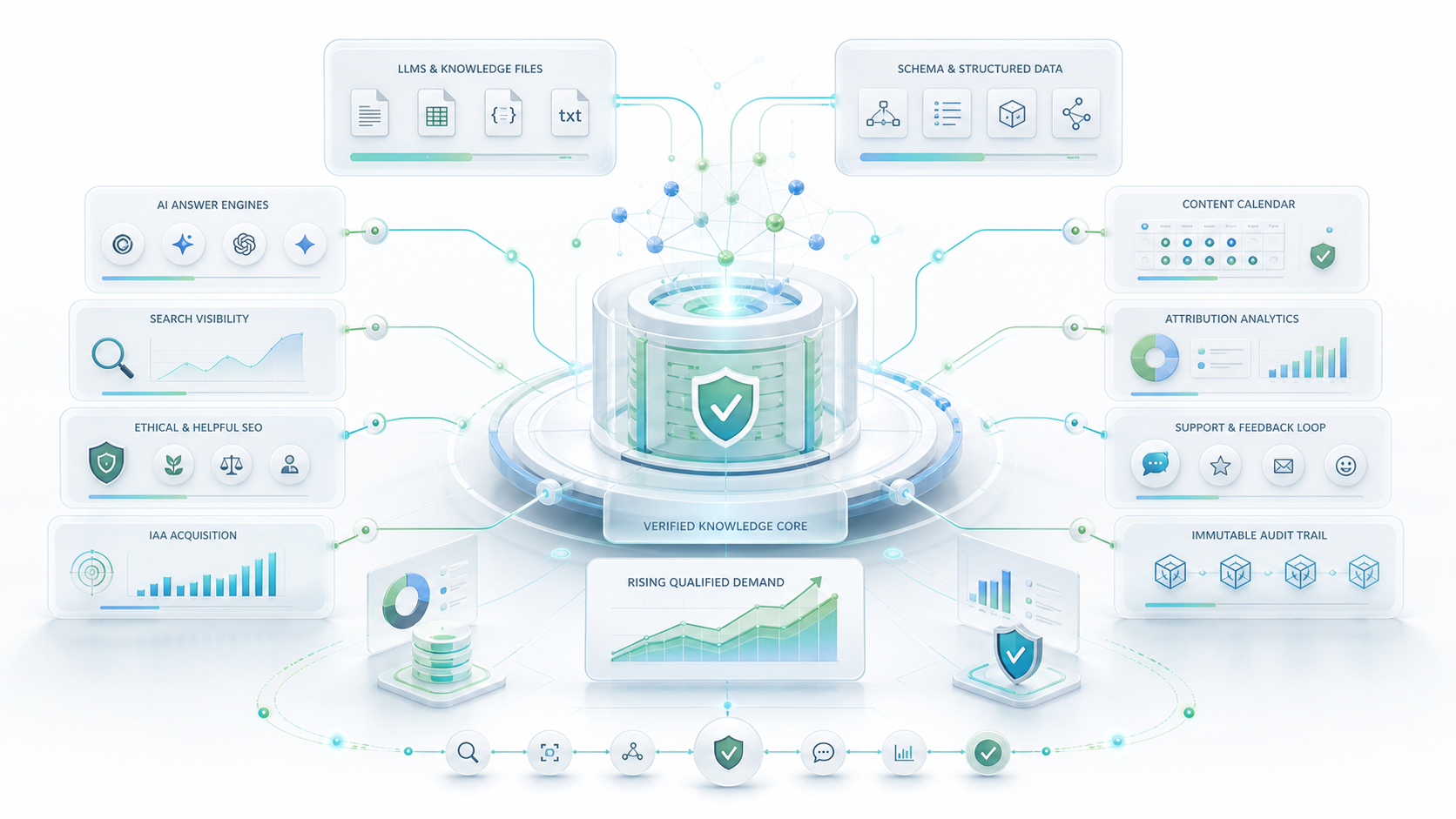 White 3D growth authority circuit connecting GEO, SEO, IAA, acquisition attribution, support feedback, and audit