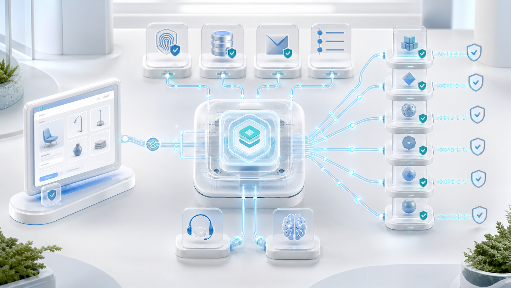 Bright 3D payment orchestration control plane connecting a storefront, server catalog, verified events, six provider gateways, support, and AI systems