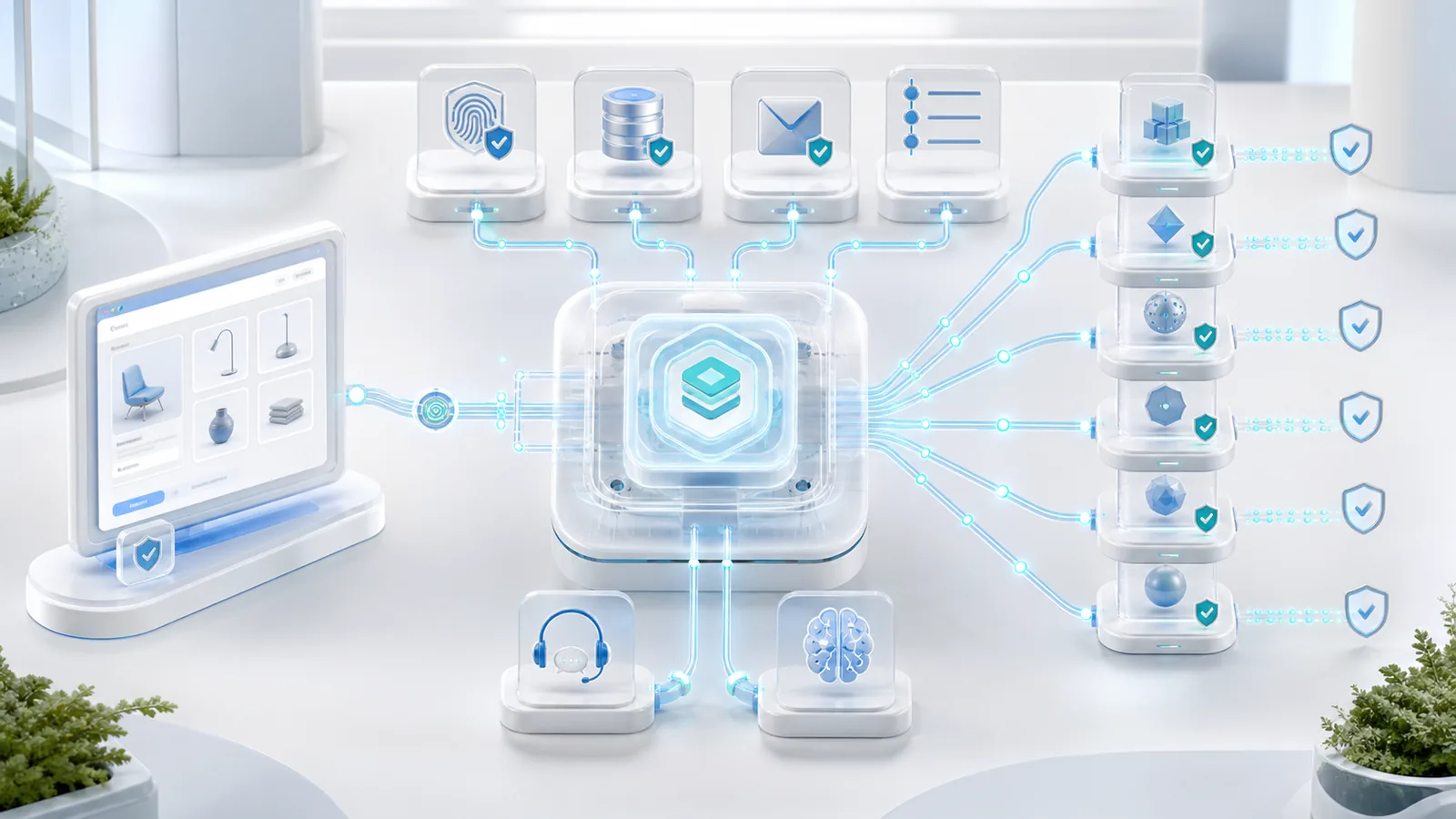 White 3D TC payment gateway linking a storefront, server catalog, provider rails, callbacks, support, and audit